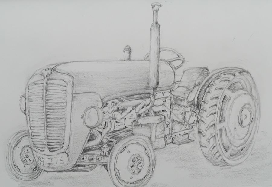 Pencil drawing of an old tractor.