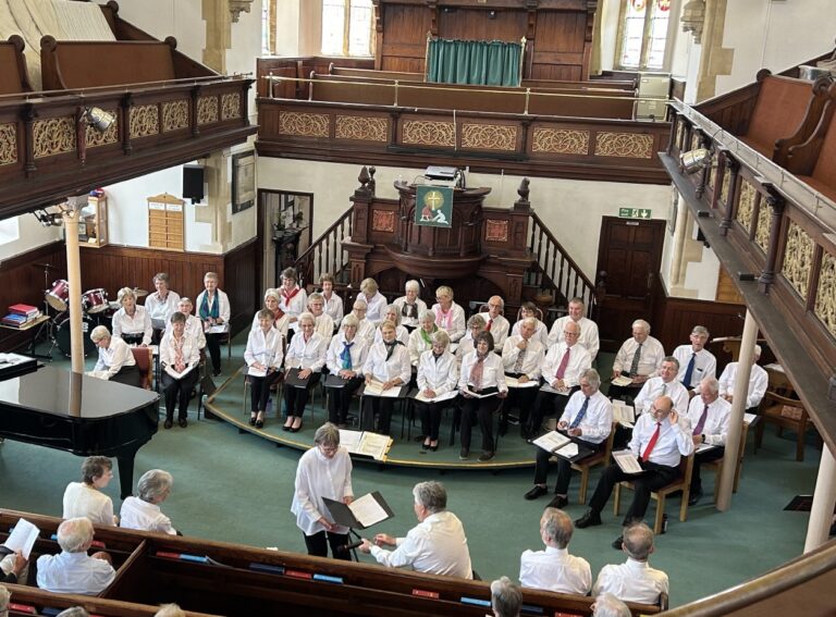 thirty six members of the u3a Choir group performing at an event.