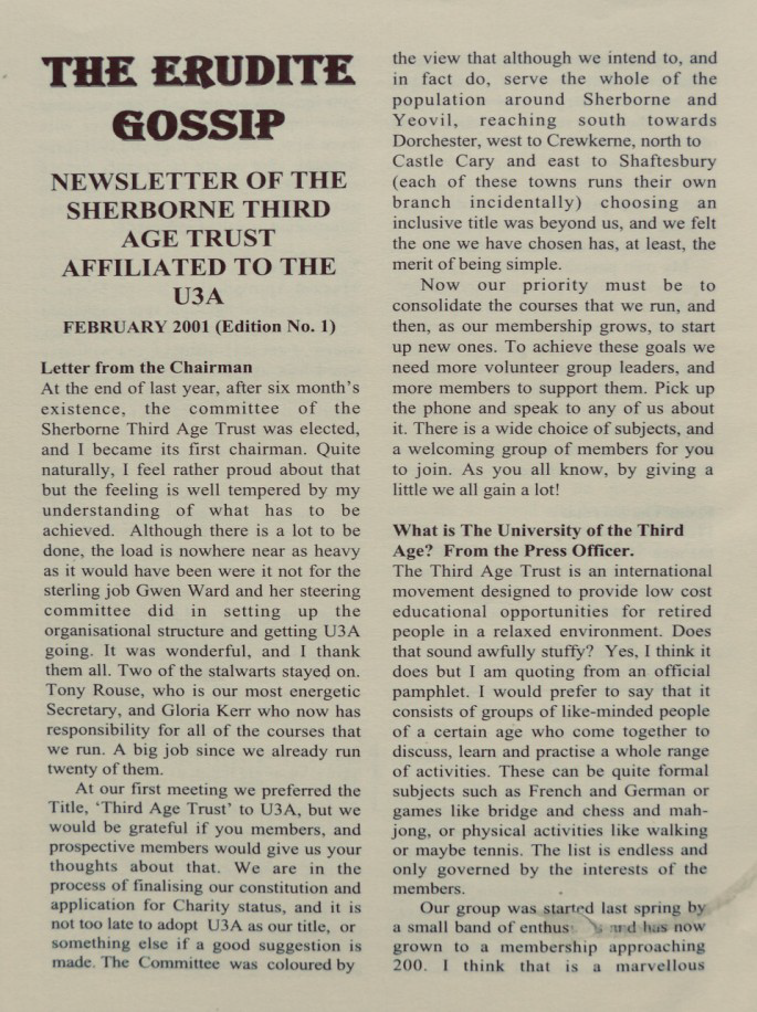 The Sherborne u3a first Newsletter dated February 2001.