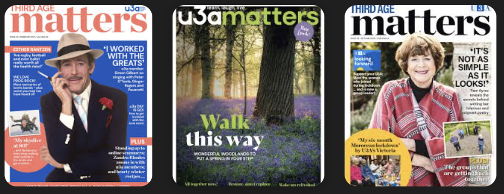The National u3a–group of three "u3a Matters" magazine cover images.