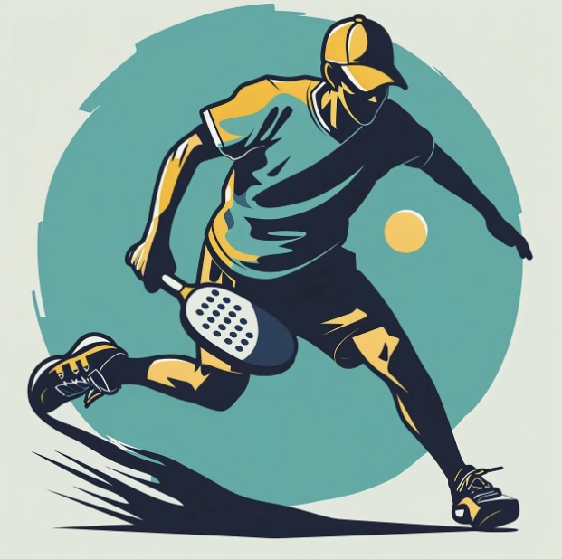 Coloured drawing of a Pickleball player in action.