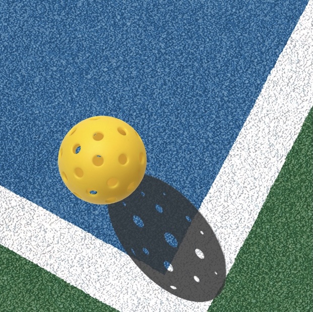 Showing a pickleball landing just inside the court boundary line. Good shot!