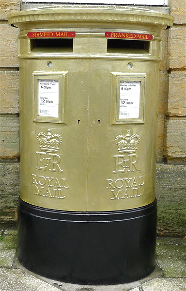 Sherborne's centenary gold double postbox. Outside Sherborne Post Office, Cheap Street.