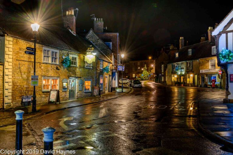 Sherborne top-of-town on a wet night in winter.