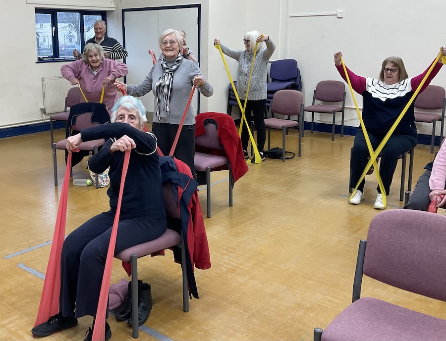 Movement to Music members sitting and standing using resistance bands.