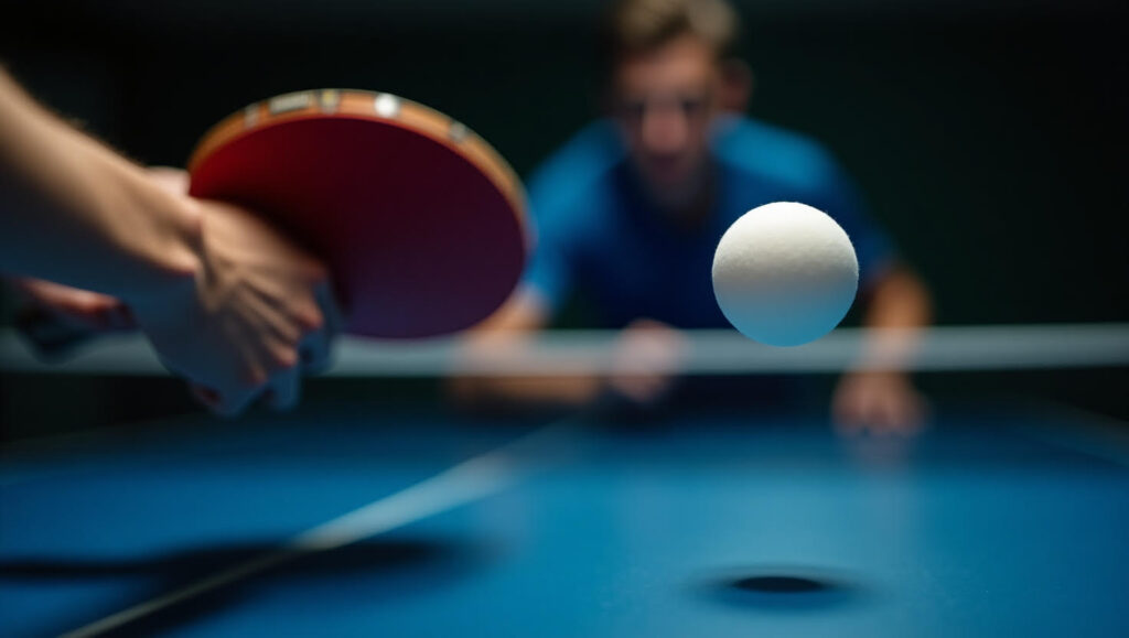 Showing Table Tennis ball zooming over the net between two players.