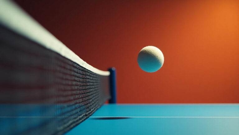 Showing a Table Tennis ball passing over the net suspended in mid air.